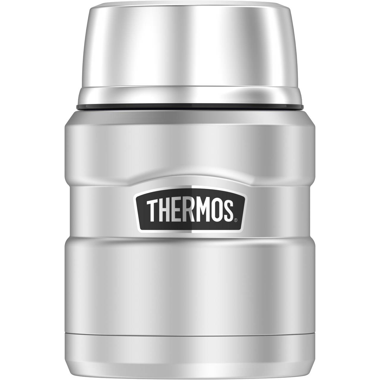 Auf dem Bild ist ein silberner Thermobehälter mit einem glänzenden Deckel zu sehen. Die Kanne hat ein schlichtes, zylindrisches Design und trägt ein schwarzes Etikett mit der Aufschrift "THERMOS".