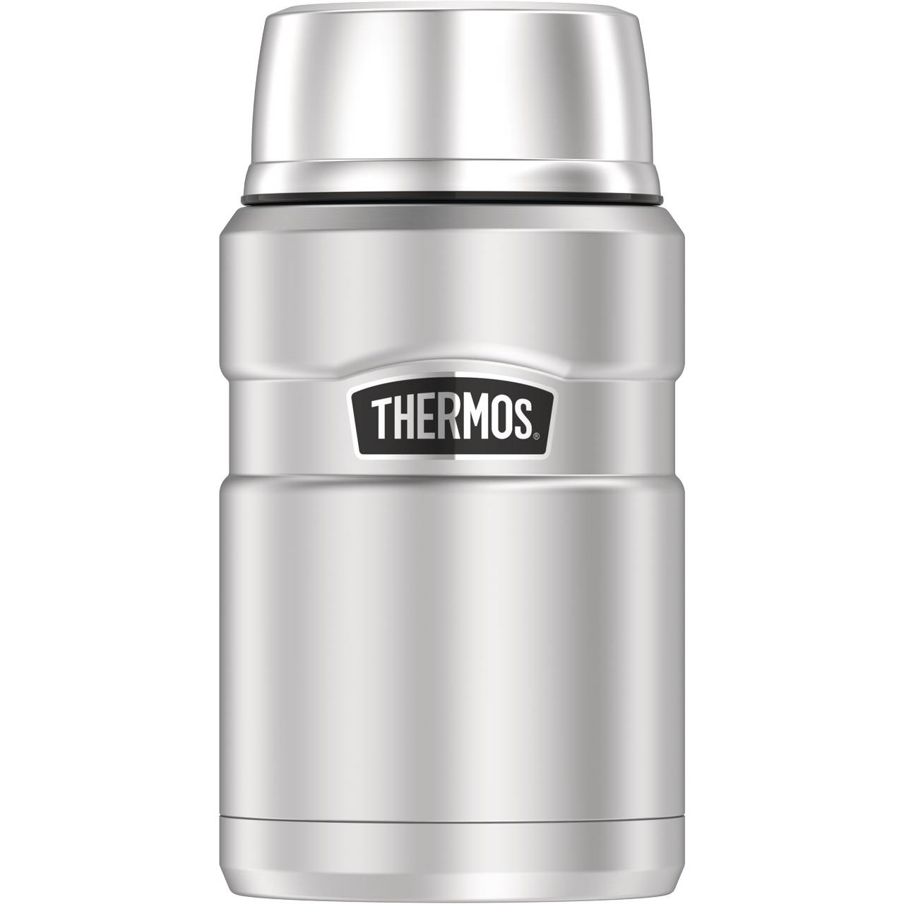 Das Bild zeigt ein silberner Thermobehälter mit einem glatten, modernen Design. Auf ihr ist ein schwarzes Emblem mit dem weißen Schriftzug "THERMOS" zu sehen. Die Oberfläche wirkt metallisch und reflektierend.