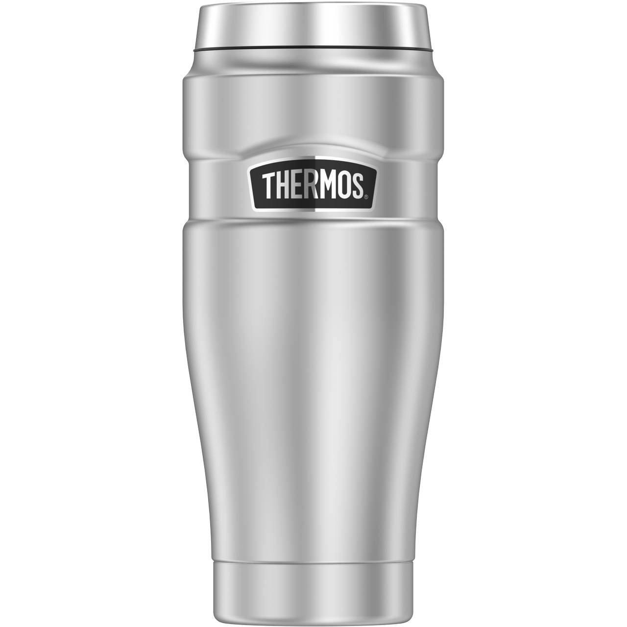 Auf dem Bild ist ein silberner Thermobecher mit einem schwarzen und weißen Logo in der Mitte zu sehen. Der Becher hat eine schlanke, leicht konische Form.