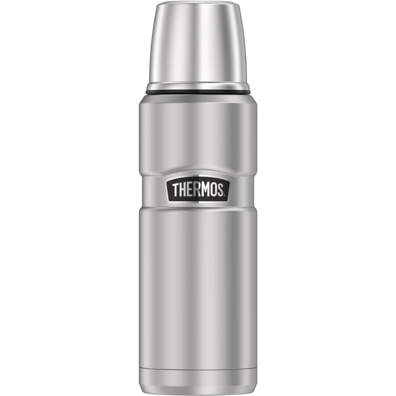 Das Bild zeigt eine silberne Thermosflasche mit einem schwarzen Etikett, auf dem "Thermos" steht. Die Flasche hat eine schlanke, zylindrische Form und einen abnehmbaren Deckel, der als Trinkbecher dient.