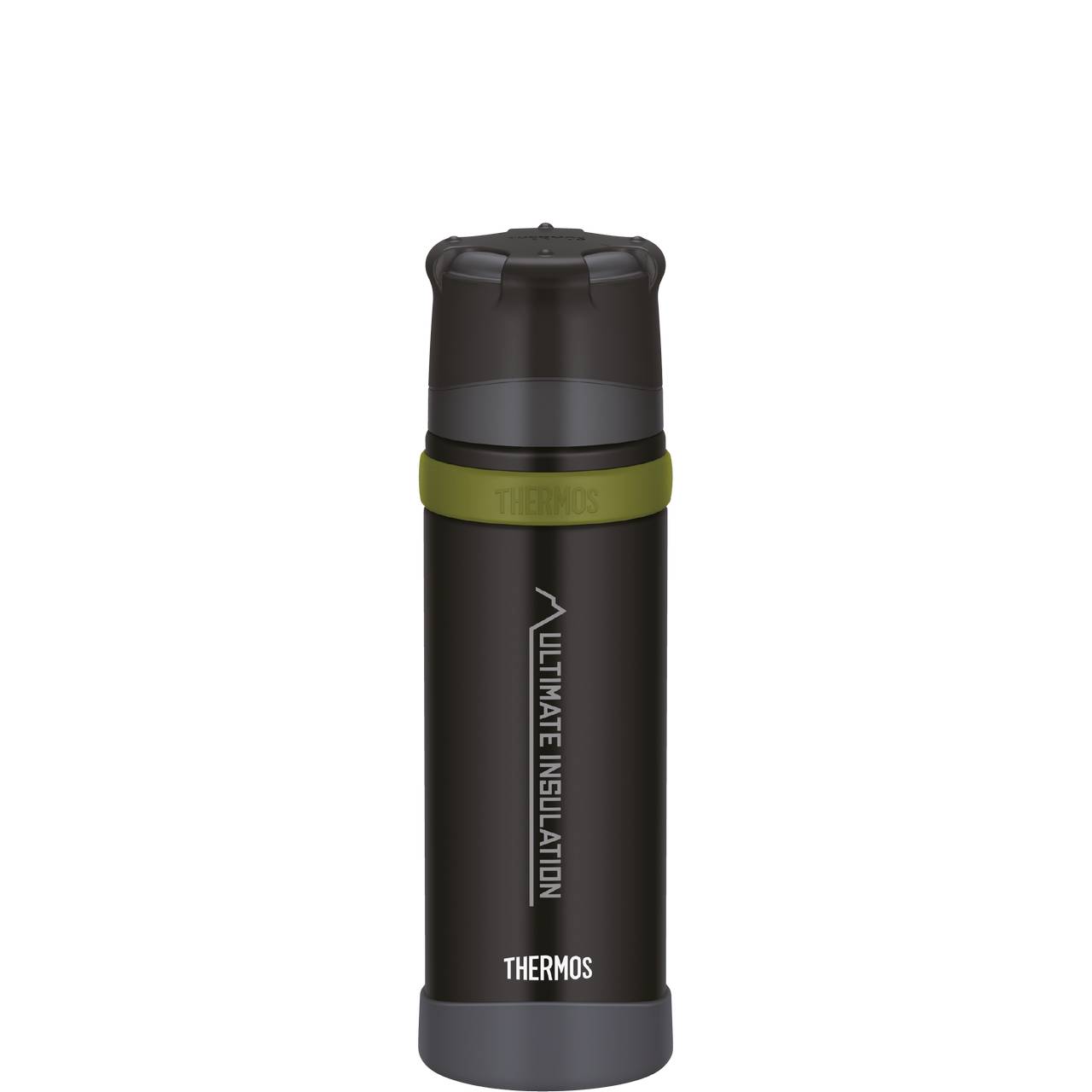 Auf dem Bild ist eine schwarze Thermoskanne mit einem grünen Band zu sehen. Sie hat einen dunklen Deckel und den Schriftzug "Ultimate Insulation" sichtbar an der Seite. Am unteren Rand steht das Wort "Thermos".