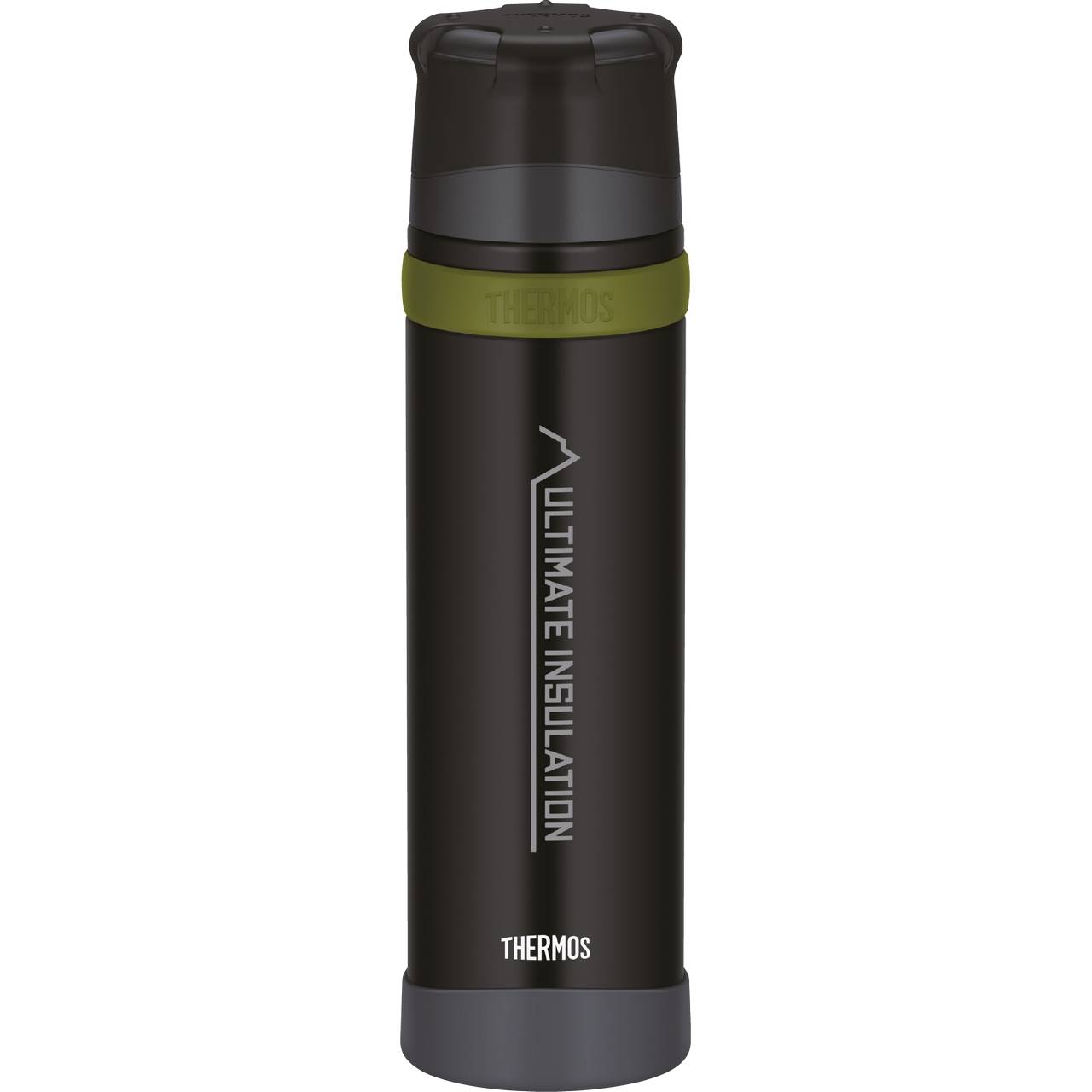 Das Bild zeigt eine schwarze Thermosflasche mit grünem Akzent unter dem Deckel. Auf der Flasche steht in Weiß "Ultimate Insulation" vertikal geschrieben, und unten steht "Thermos". Der Deckel ist dunkelgrau.