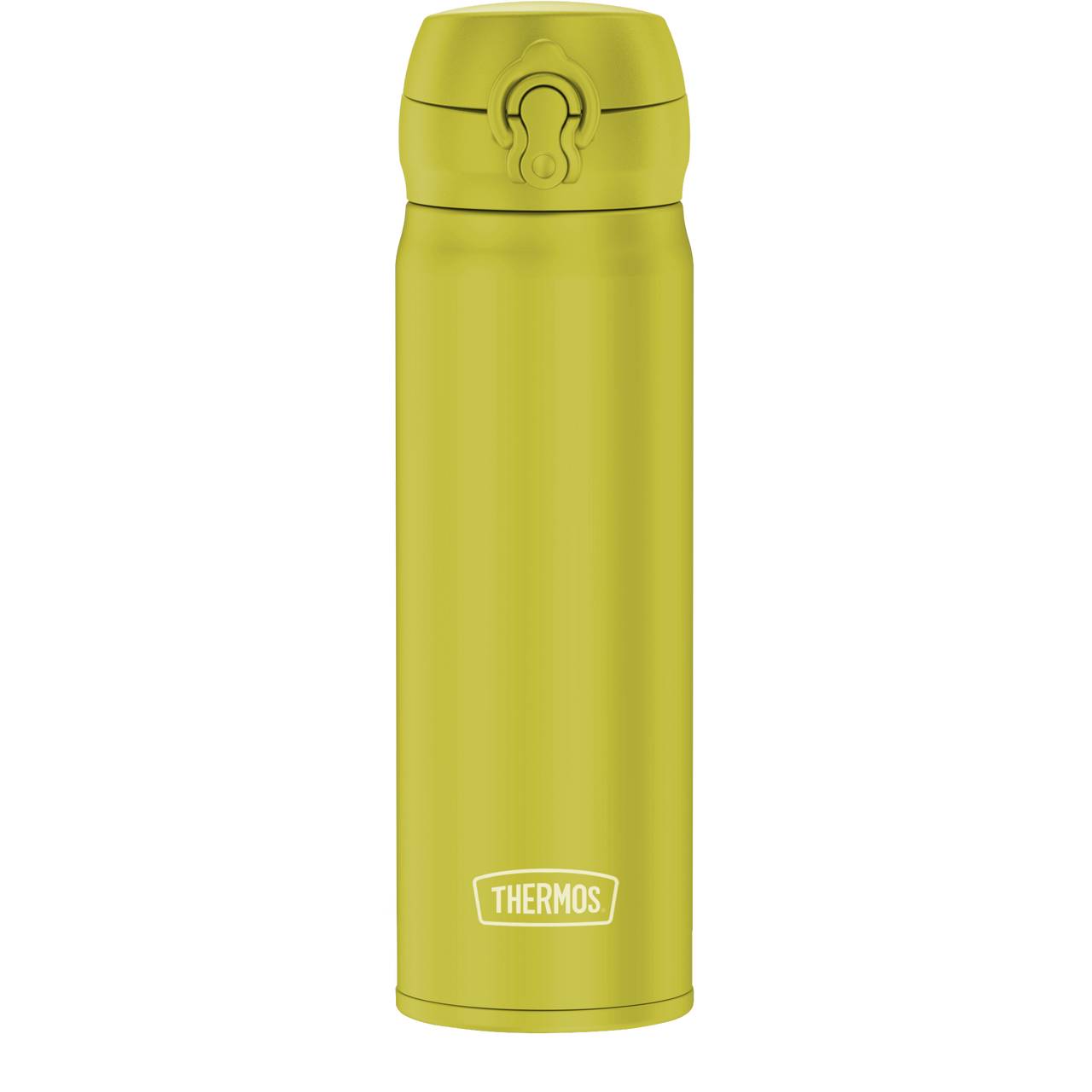 Das Bild zeigt eine schlanke, gelbe Thermosflasche mit einem Klappverschluss oben. Auf der Vorderseite steht das Wort "THERMOS" in weißer Schrift. Die Flasche hat ein einfaches, modernes Design.