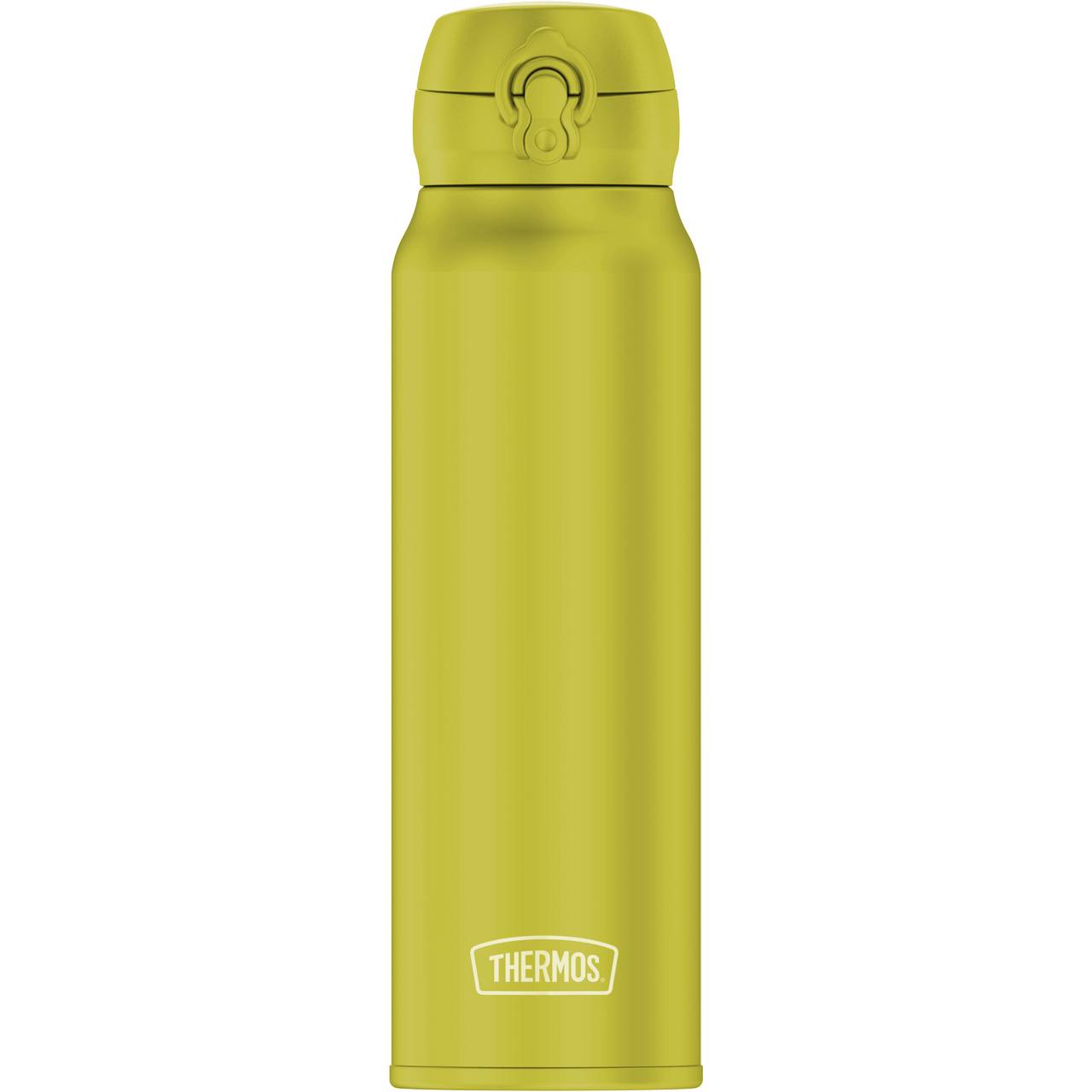 Das Bild zeigt eine grüne Thermosflasche mit einem klappbaren Deckel. Sie hat einen schlichten, zylindrischen Körper und das Logo "Thermos" ist in Weiß aufgedruckt. Die Oberfläche wirkt glatt und glänzend.