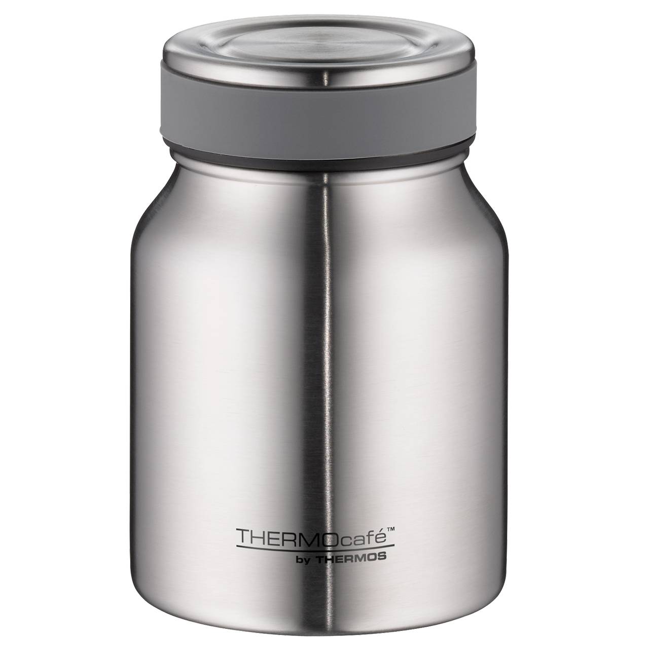Das Bild zeigt einen silbernen Thermobehälter mit einem grauen Deckel. Auf der Vorderseite steht "THERMOcafé by THERMOS" geschrieben. Die Flasche hat eine glatte, glänzende Oberfläche.