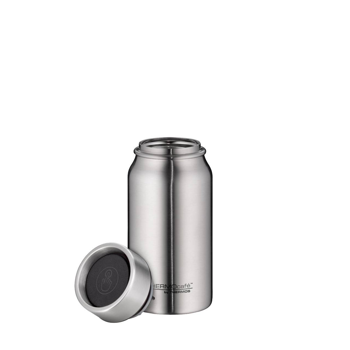 Eine silberne Thermoskanne aus Edelstahl mit schlichtem, modernem Design ist zu sehen. Der Deckel liegt daneben, um die Öffnung der Flasche zu zeigen.