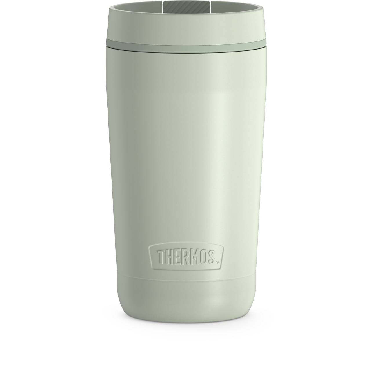 Auf dem Bild ist eine einfärbige, hellgrüne Thermoskanne zu sehen. Sie hat eine glatte Oberfläche mit dem Wort "THERMOS" eingraviert. Die Kanne hat einen einfachen, zylindrischen Aufbau mit einem flachen Deckel.