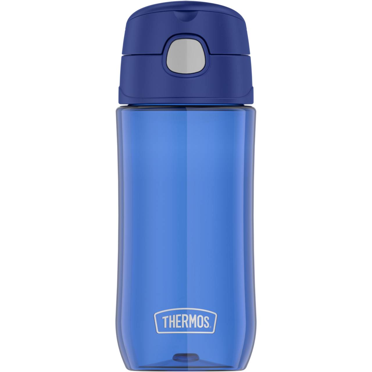 Das Bild zeigt eine blaue Thermosflasche mit einem dunkelblauen Deckel, der einen grauen Druckknopf enthält. Auf der Flasche ist in weißen Buchstaben der Schriftzug "THERMOS" zu sehen.