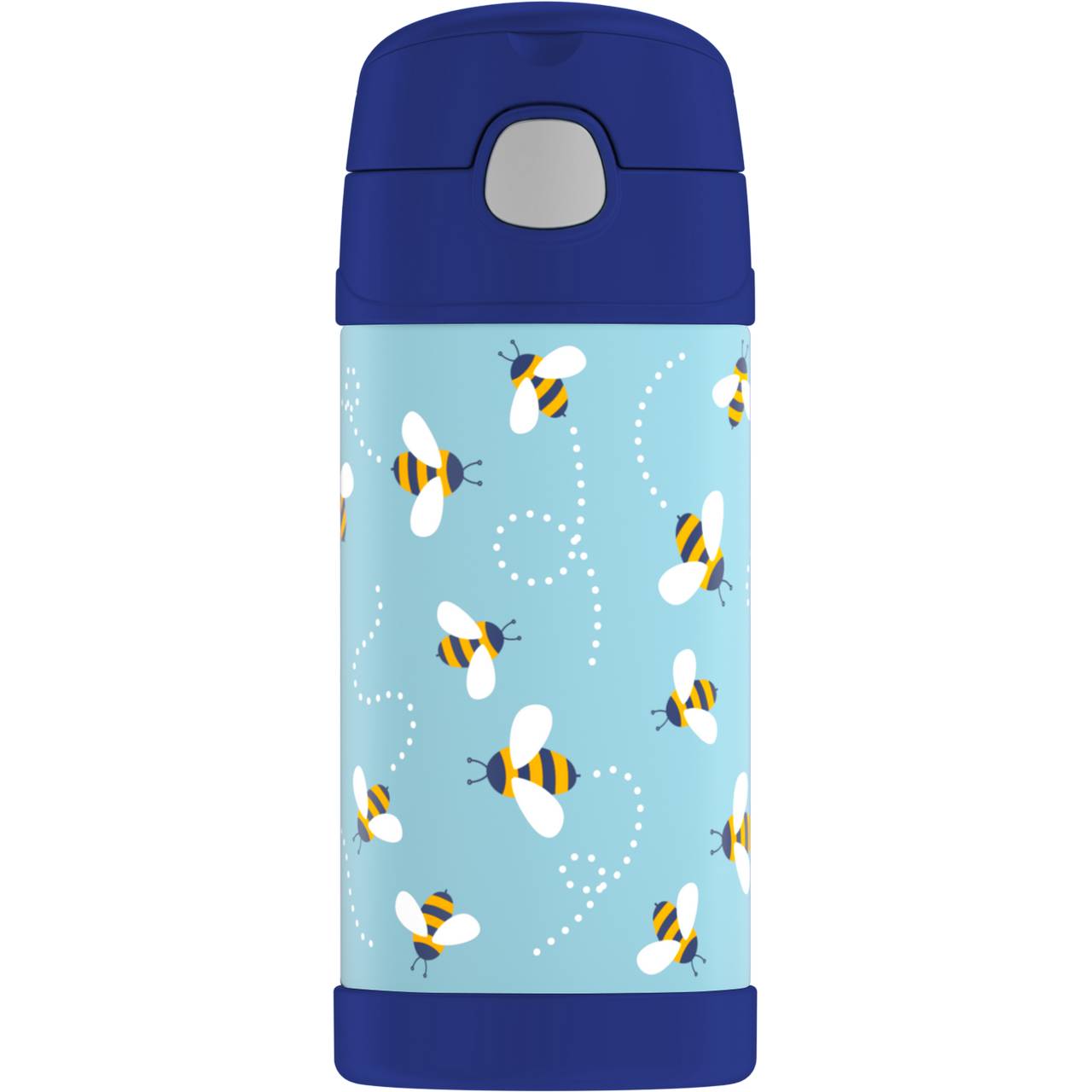 Die Flasche hat einen blauen Deckel und Boden. Sie ist hellblau mit Bienenmuster, die weiß-gelbe Flügel und gestreifte Körper haben. Weiße Linien zeigen die Flugbahnen der Bienen.