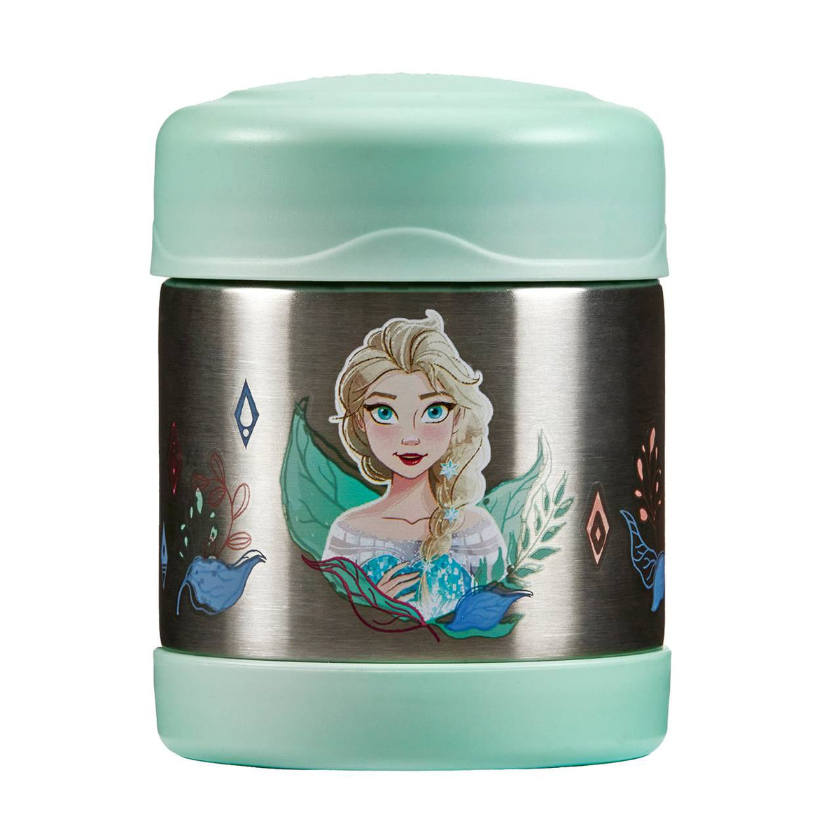 Die Thermobehälter hat einen mintgrünen Deckel und Boden sowie eine silberne Oberfläche mit einer bunten Illustration einer blonden Figur, umgeben von floralen Motiven. Die Farben sind vor allem Blau- und Grüntöne.