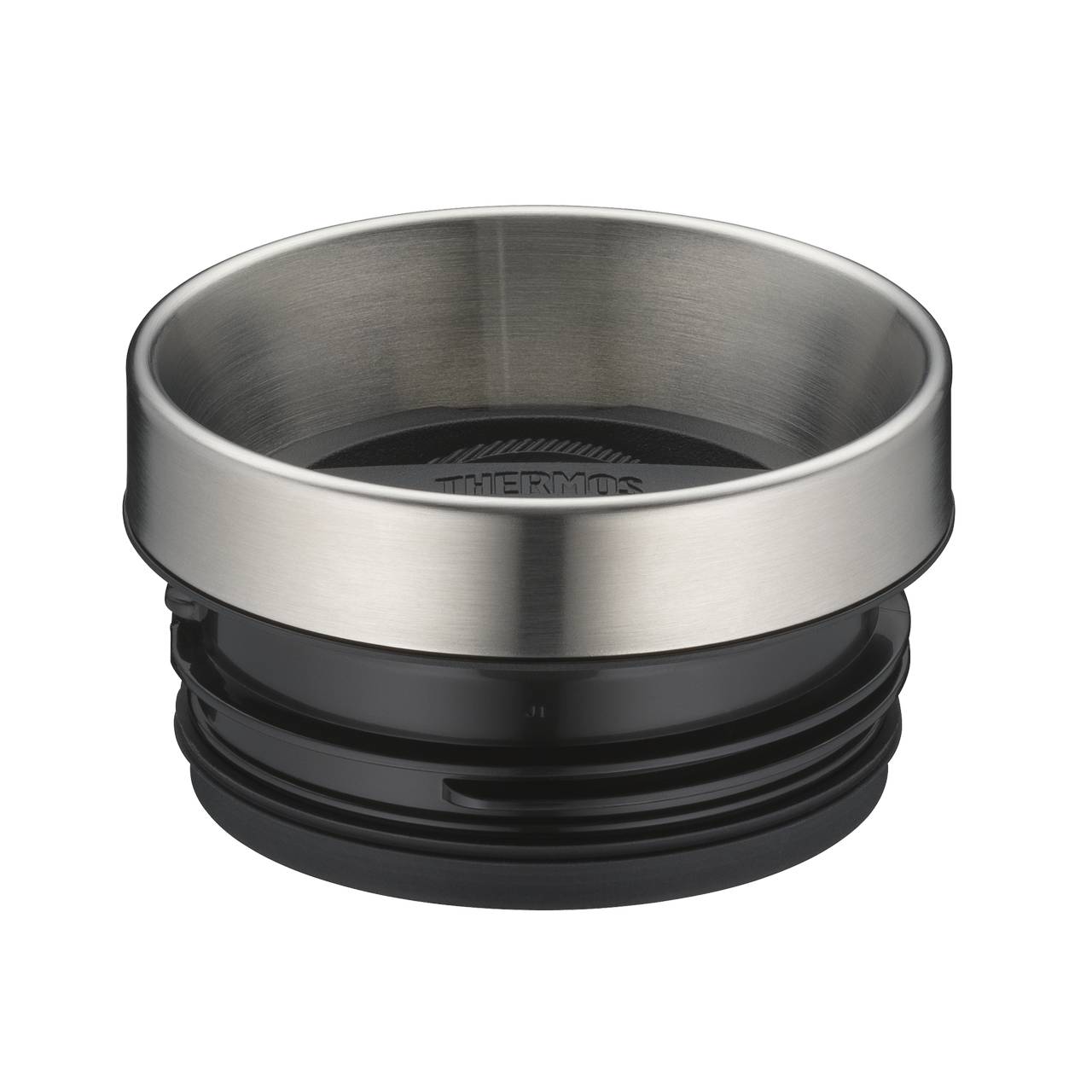 Das Bild zeigt einen silbernen, runden Deckel mit einem schwarzen, gerippten Verschlussteil unten. Der obere Teil besteht aus glänzendem Metall.