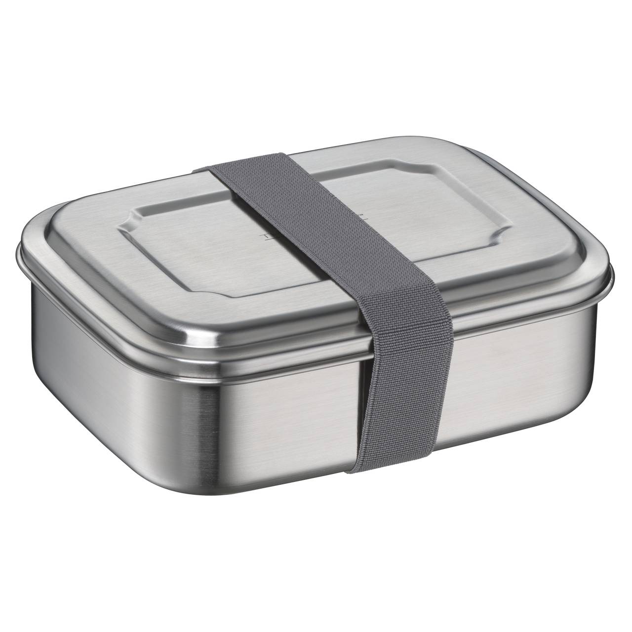 Das Bild zeigt eine rechteckige Lunchbox aus Edelstahl mit einem grauen Gummiband, das diagonal um die Box gespannt ist. Die Oberfläche der Box ist glatt und glänzend.