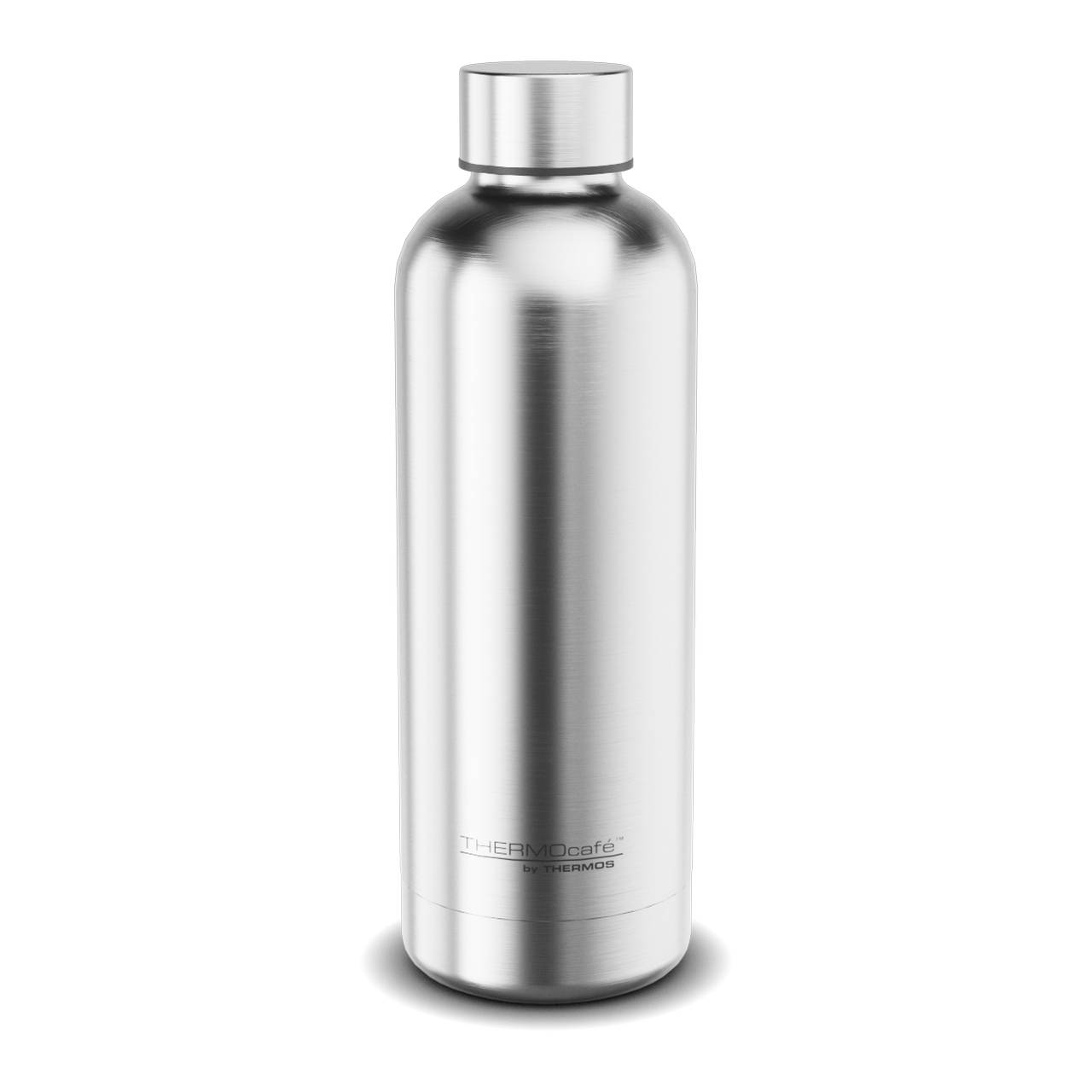 Das Bild zeigt eine silberne, glänzende Thermosflasche mit einem Schraubdeckel. Die Oberfläche ist glatt und reflektiert das Licht, und am unteren Rand ist der Markenname aufgedruckt.