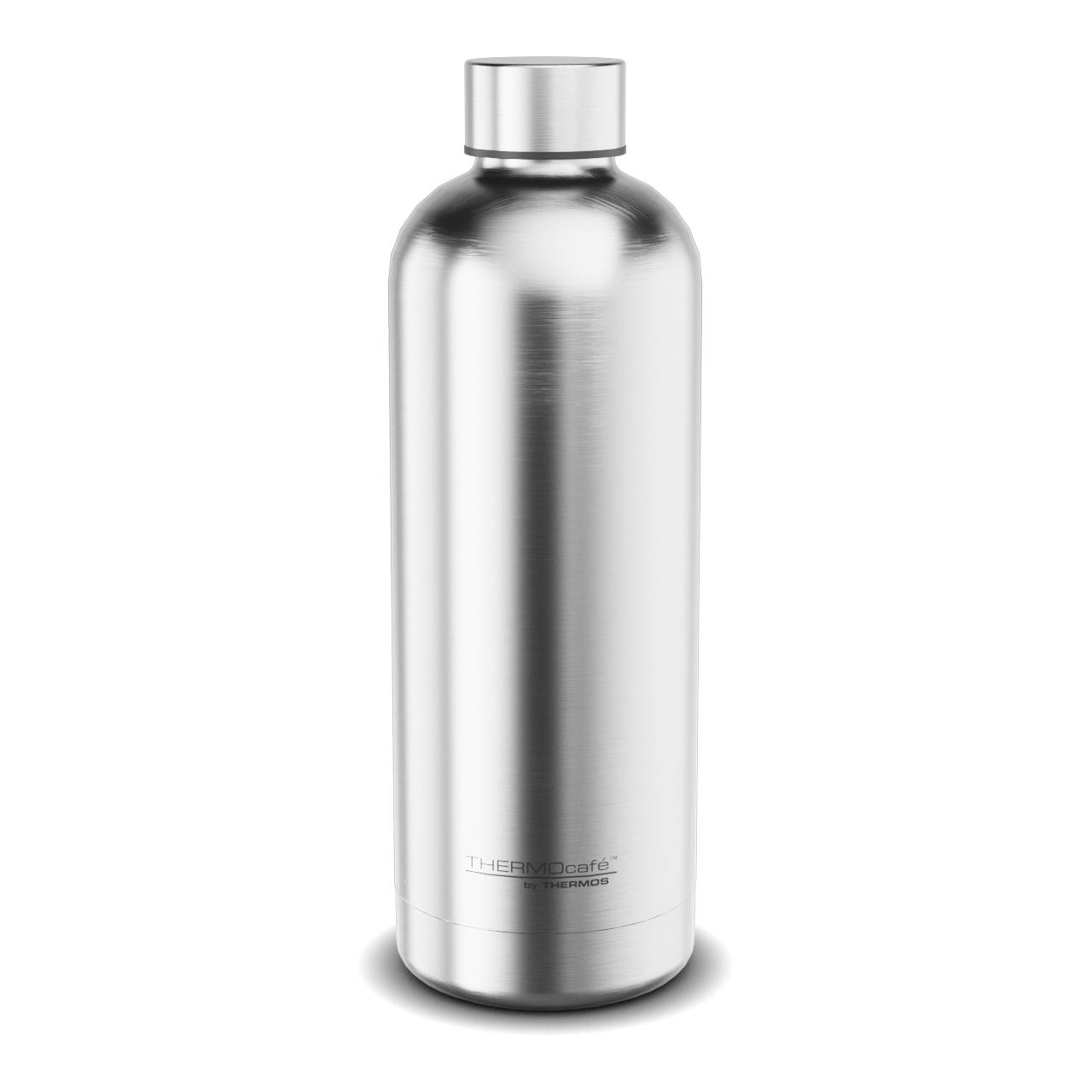 Das Bild zeigt eine glänzende, zylindrische Thermosflasche aus Edelstahl mit einem glatten, schlichten Design. Sie hat einen abschraubbaren Deckel und der Markenschriftzug "THERMOcafé by THERMOS" ist am unteren Teil aufgedruckt.