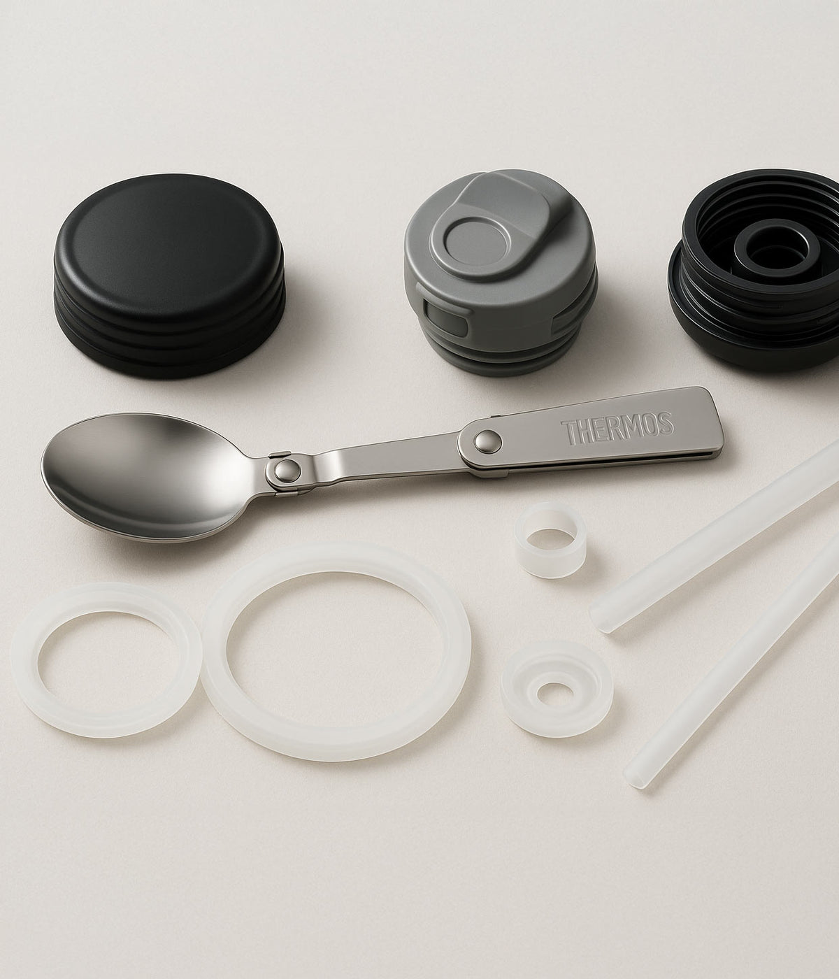 THERMOS Ersatzteile Deckel Löffel und Dichtungen auf einem hellen Untergrund