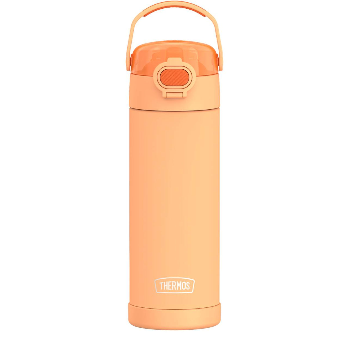 Auf dem Bild ist eine orangefarbene Thermosflasche mit einem Tragegriff zu sehen. Auf der Vorderseite befindet sich das Thermos-Logo. Der Deckel hat einen Klappverschluss.