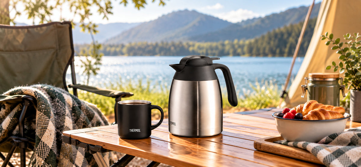 Thermoskanne THV Outdoor auf einem Camping Tisch 