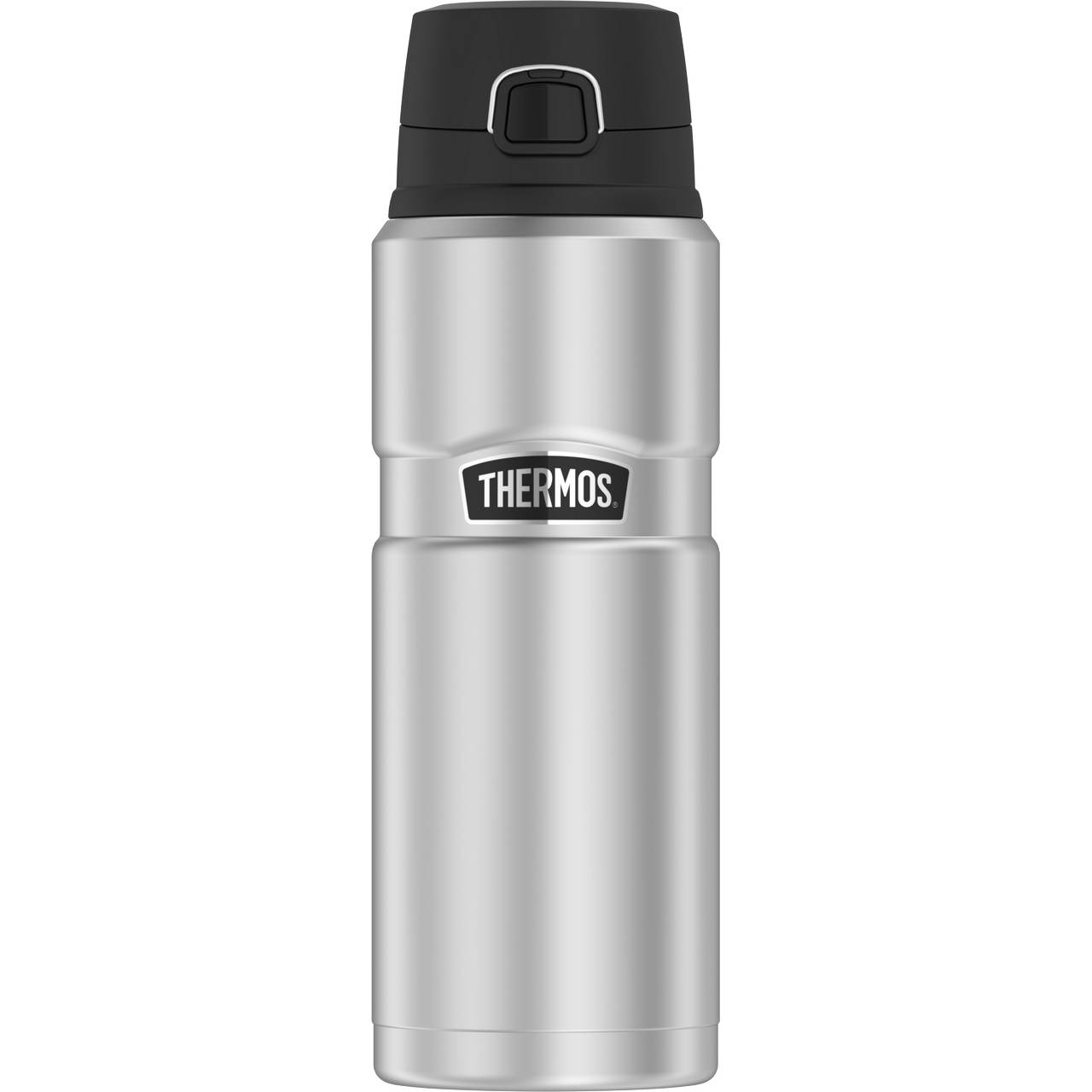 Das Bild zeigt eine silberne Thermosflasche mit einem schwarzen Deckel. Auf der Flasche ist das Wort "Thermos" in einem schwarzen Feld zu sehen.