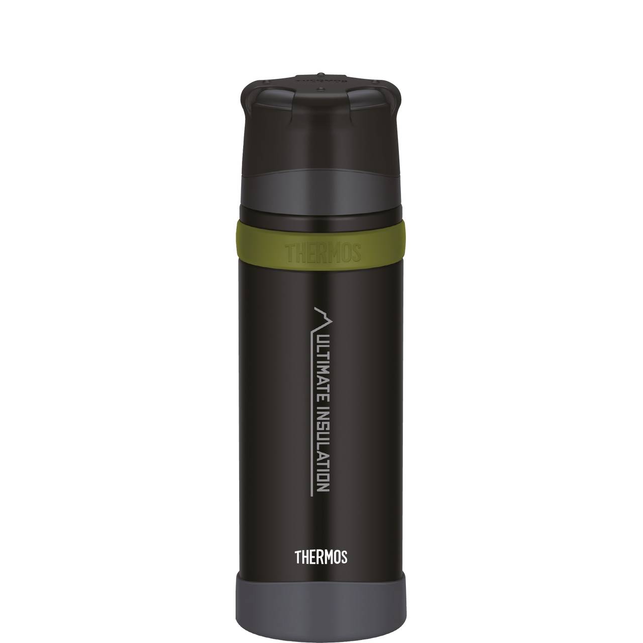 Auf dem Bild ist eine dunkle Thermosflasche mit einem grauen Deckel und einem grünen Band zu sehen. Auf der Flasche steht in vertikaler Ausrichtung "Ultimate Insulation" und unten das Wort "Thermos".