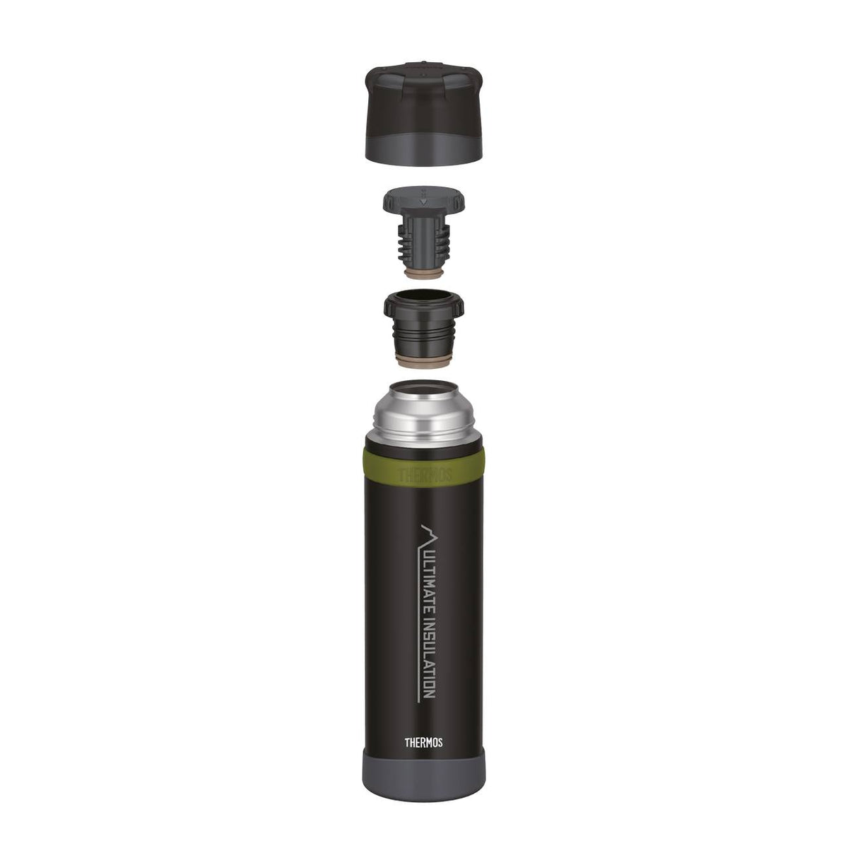 Das Bild zeigt eine aufrecht stehende schwarze Thermosflasche mit einem dunkelgrauen Deckel. Die Flasche ist in Einzelteile zerlegt: Deckel, Dichtung und Flaschenmund. Auf der Flasche steht "Ultimate Insulation".