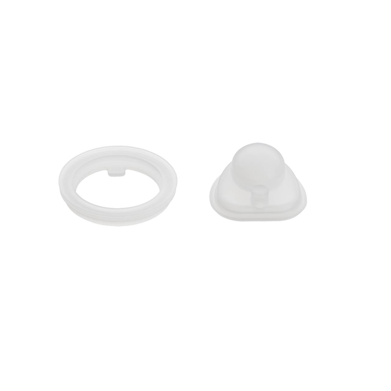 Auf dem Bild sind zwei weiße Plastikkomponenten zu sehen. Links befindet sich ein runder, flacher Ring mit einer offenen Mitte. Rechts davon ist ein kuppelartiges Teil mit einer breiteren Basis zu erkennen.