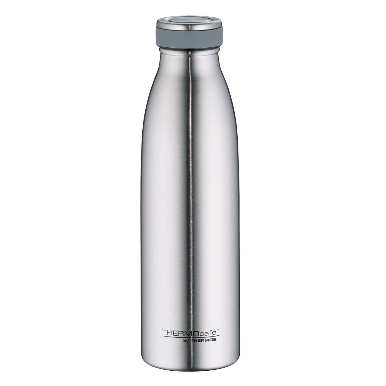 Die Aufnahme zeigt eine schlanke, silberne Thermosflasche mit glänzender Oberfläche und grauem Schraubverschluss. Unten ist der Schriftzug "THERMOcafé by THERMOS" aufgedruckt.