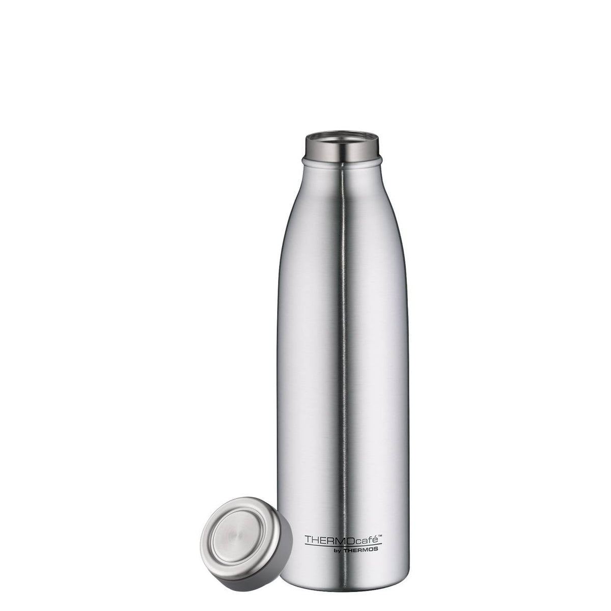 Das Bild zeigt eine silberne Thermosflasche mit einem abgenommenen Deckel, der daneben liegt. Die Flasche hat eine schlanke, glatte Form.
