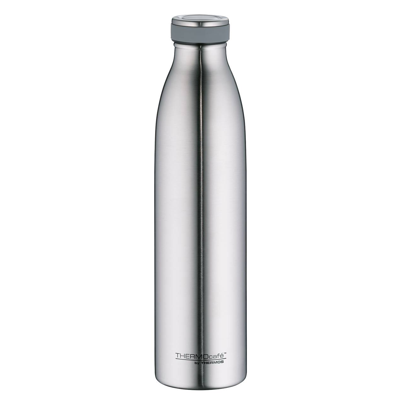 Das Bild zeigt eine silberne, schlanke Thermosflasche aus Edelstahl. Sie hat einen grauen Deckel und eine glatte, glänzende Oberfläche. Unten ist der Schriftzug "THERMOcafé by THERMOS" zu sehen.