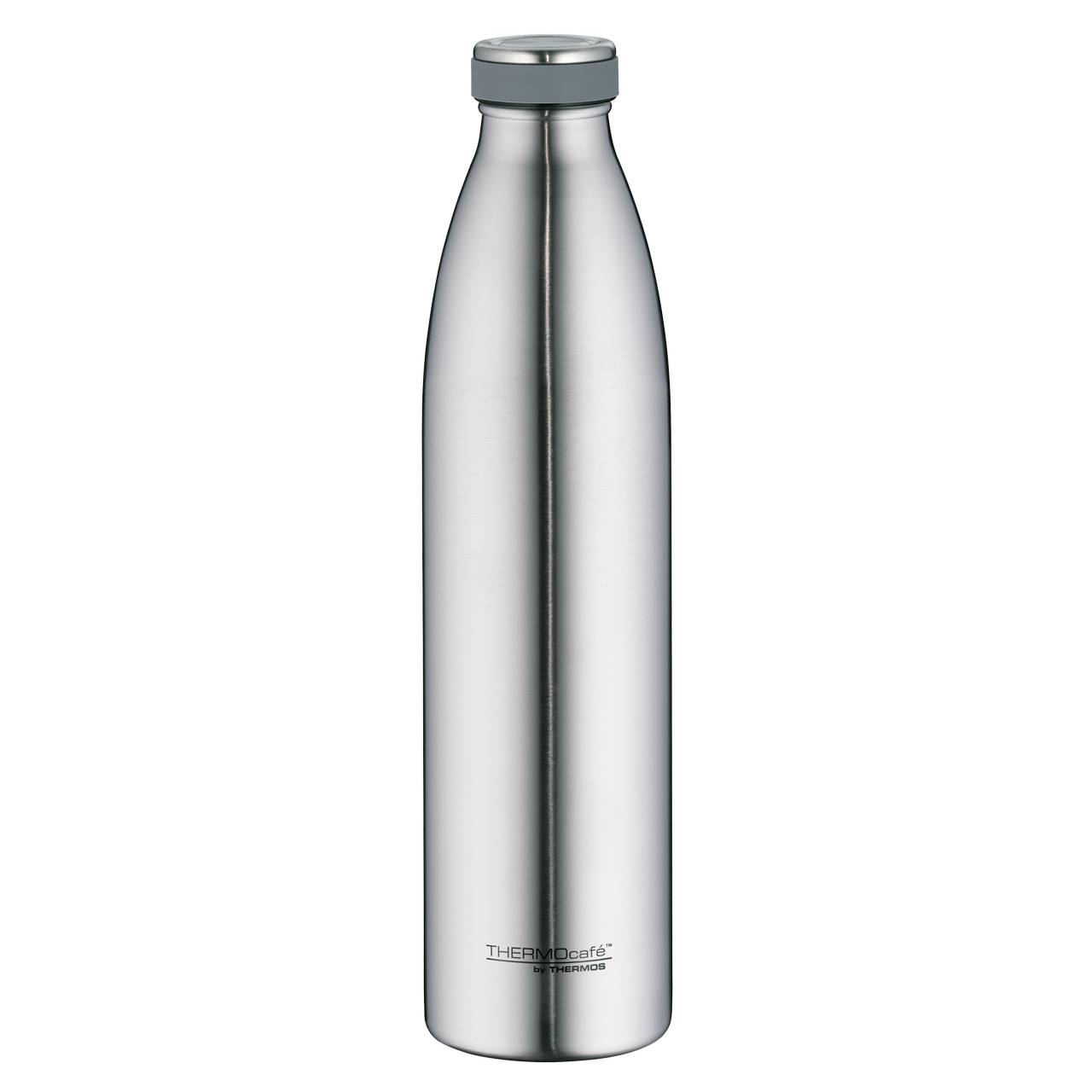 Das Bild zeigt eine schlichte, silberfarbene Thermosflasche mit einem schmalen, zylindrischen Design. Sie hat einen grauen Schraubdeckel und eine glänzende Metalloberfläche.