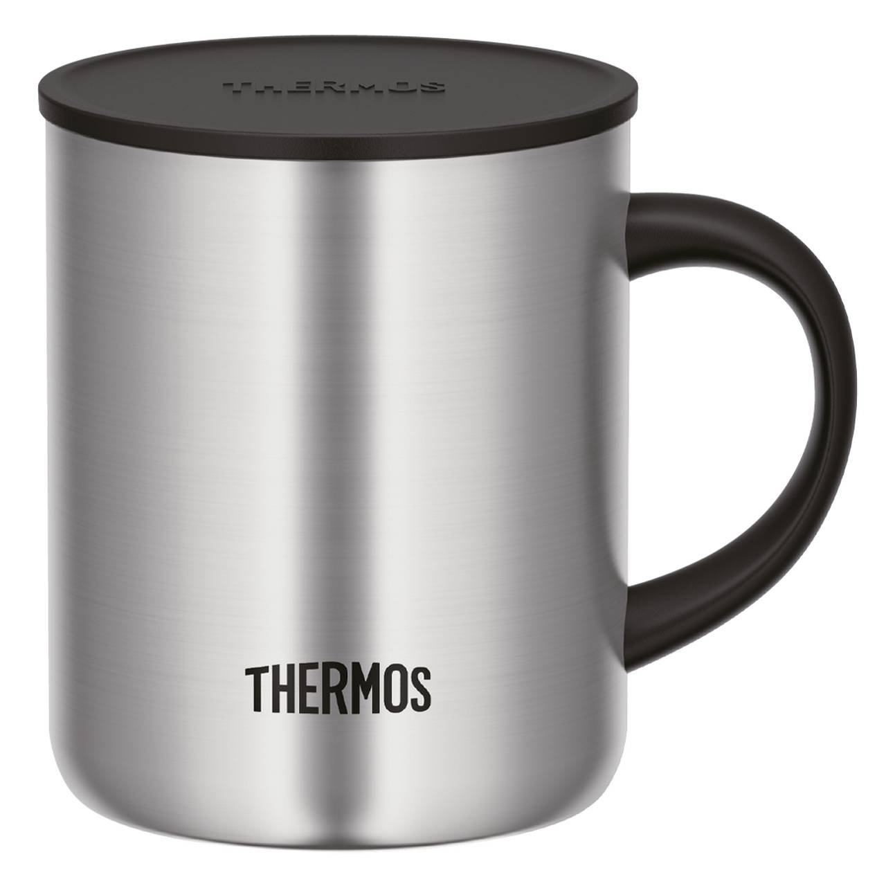 Die Abbildung zeigt einen silbernen Thermobecher mit einem schwarzen Deckel und Griff. Auf der Vorderseite ist das Wort "THERMOS" aufgedruckt. Der Becher hat ein schlichtes, modernes Design.