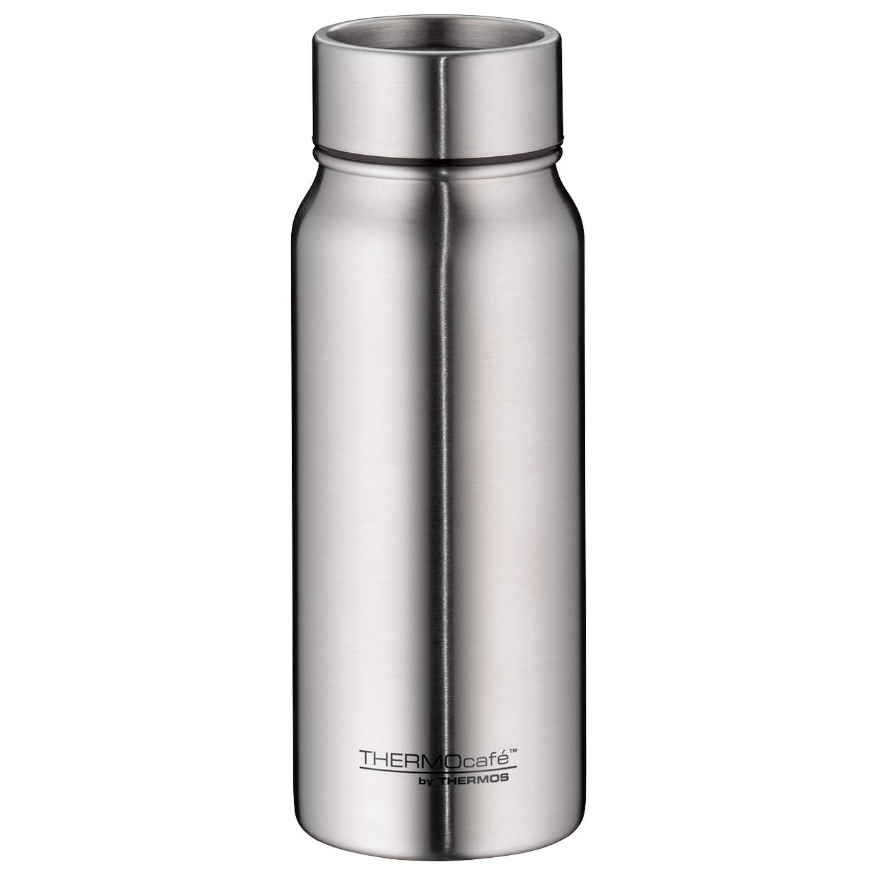 Das Bild zeigt eine silberne Thermosflasche aus Edelstahl mit einem deckellosen, zylindrischen Design. Die Flasche hat eine glatte, glänzende Oberfläche und trägt unten die Aufschrift "THERMOCafé by Thermos".