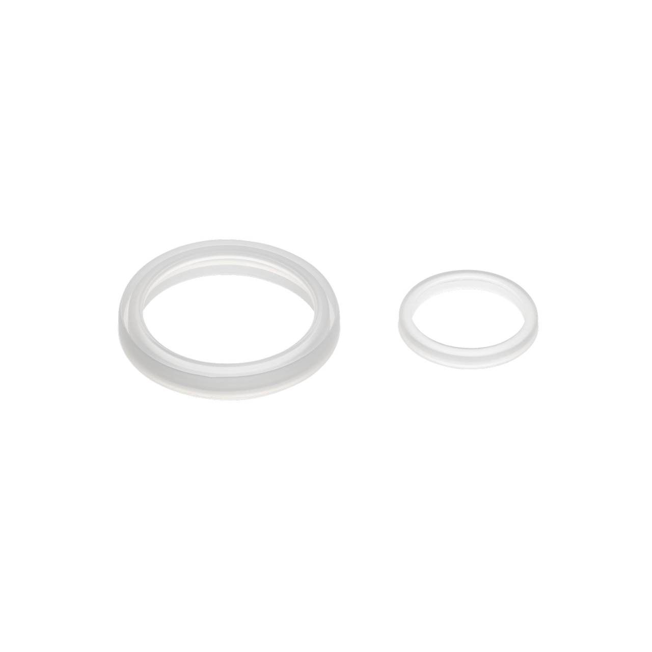Auf dem Bild sind zwei weiße, runde Ringe aus einem durchscheinenden Material zu sehen. Der linke Ring ist größer als der rechte Ring, und beide liegen nebeneinander auf einer weißen Hintergrundfläche.