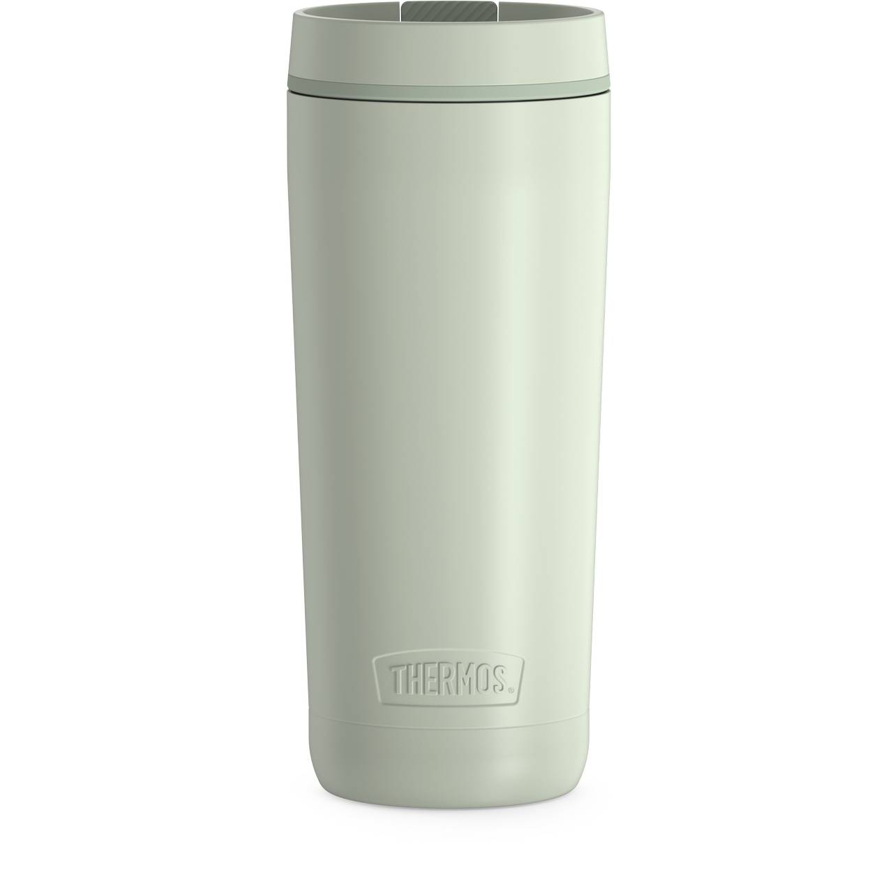 Das Bild zeigt einen hellgrünen Thermobecher mit schlichtem, modernem Design. Das Logo "THERMOS" ist auf der unteren Hälfte des Bechers eingraviert.