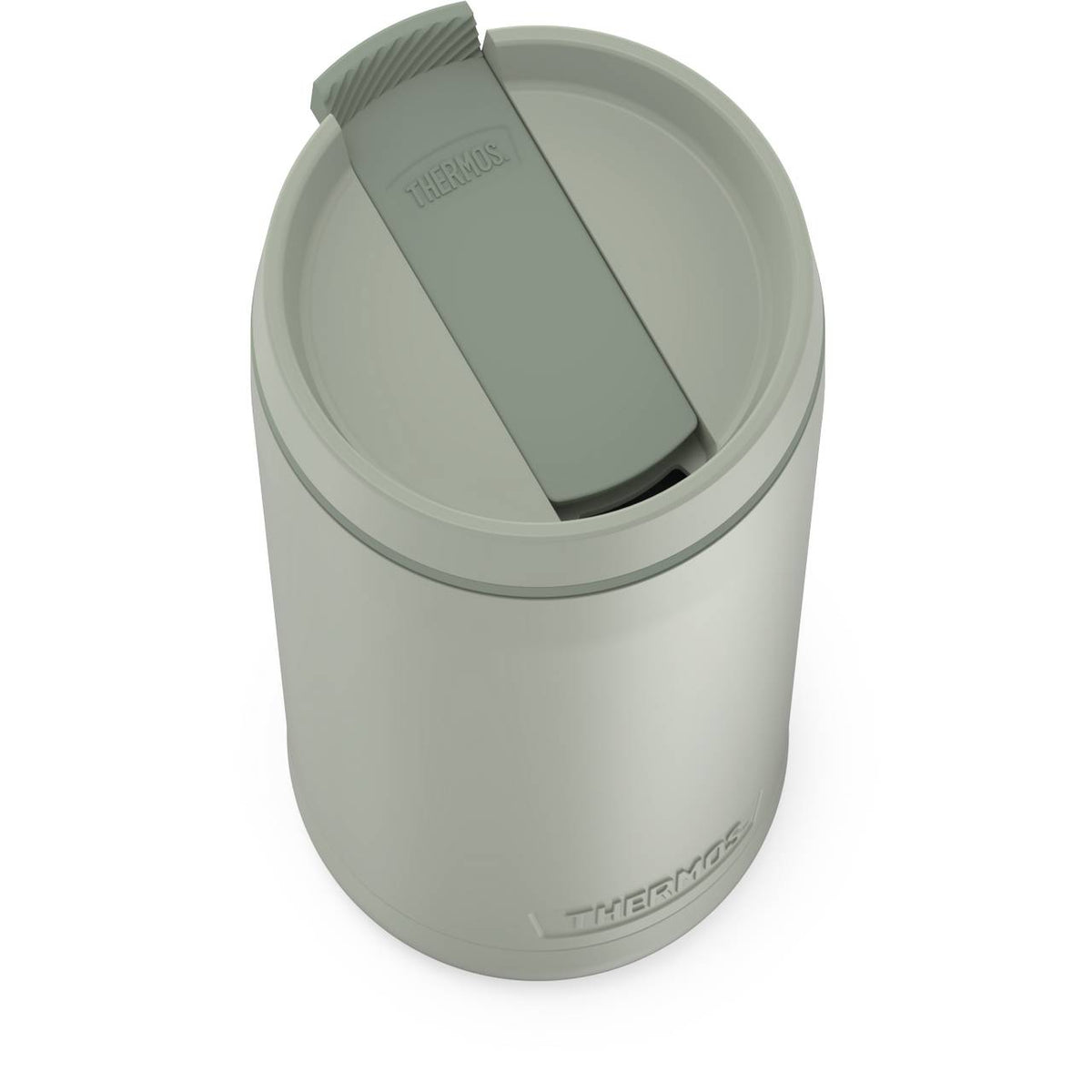 Auf dem Bild ist eine Thermosflasche in einem schlichten, matten Grau zu sehen. Der Deckel ist mit einem Verschluss versehen, der das Auslaufen verhindert. Die Marke "Thermos" ist dezent am unteren Rand des Deckels eingeprägt.