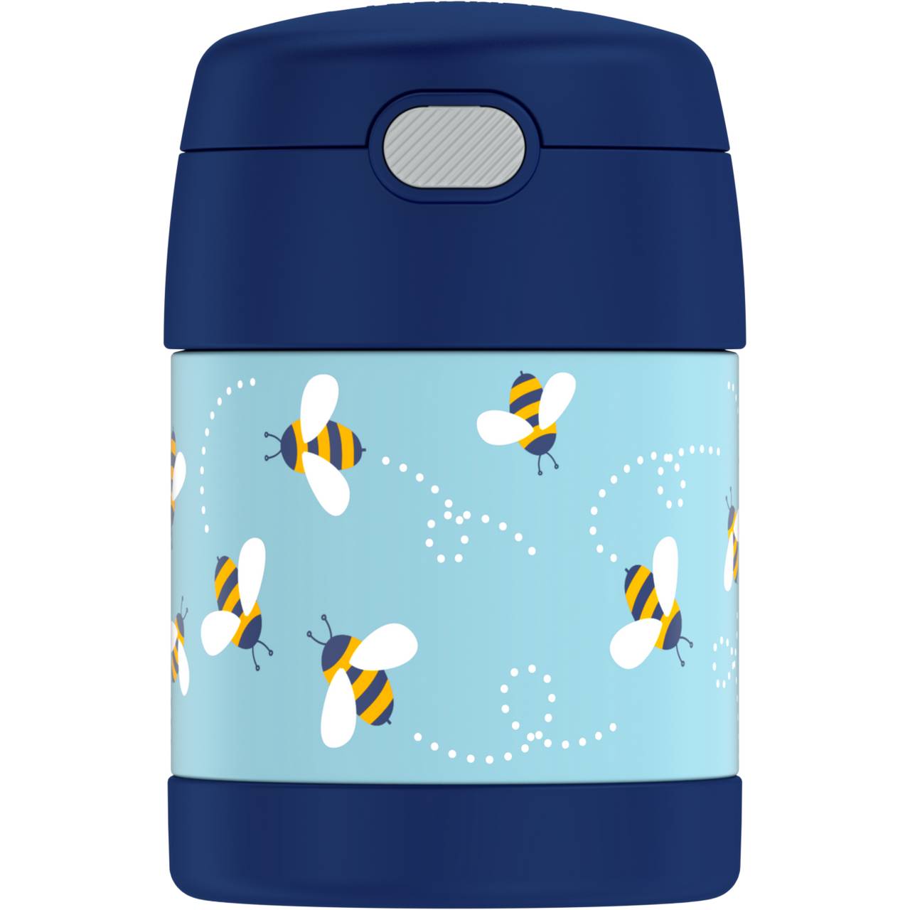 Das Bild zeigt einen blauen Thermobehälter, der mit weißen und gelben Bienen auf einem hellblauen Hintergrund verziert ist. Die Bienen sind cartoonartig mit Streifen und um sie herum sind weiße, gepunktete Linien, die ihre Flugbahnen darstellen.