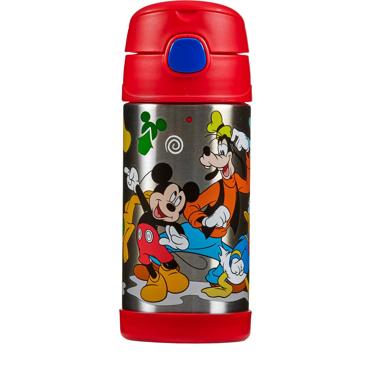 Auf dem Bild ist eine bunte Thermosflasche mit einem roten Deckel zu sehen. Sie ist mit einer Zeichnung von fröhlichen Zeichentrickfiguren verziert.