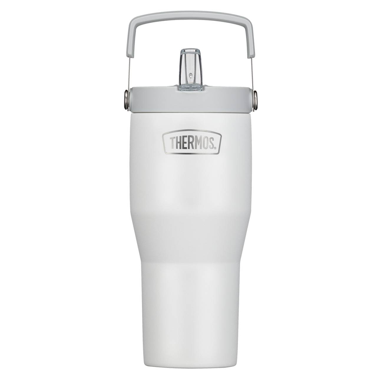 Das Bild zeigt einen weißen Thermobecher mit einem grauen Deckel und einem klappbaren Henkel. Auf dem Becher ist der Schriftzug "THERMOS" abgebildet. Der Becher ist simpel und modern gestaltet.