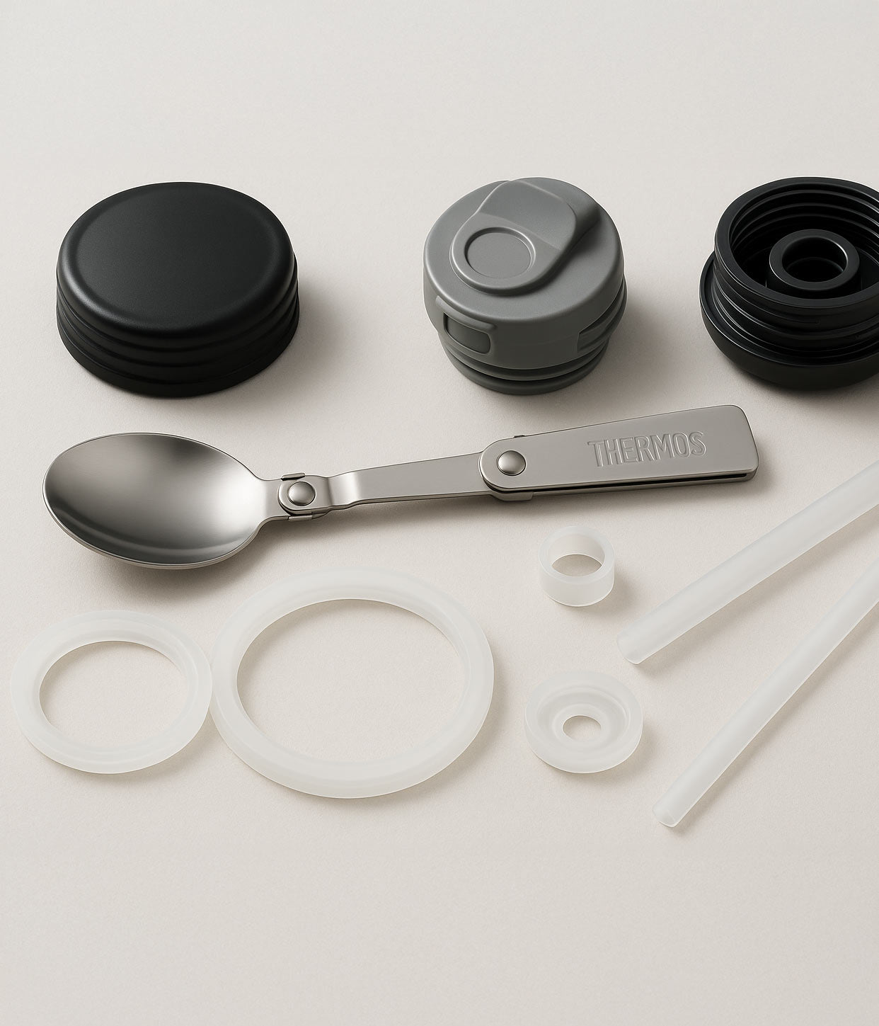 THERMOS Ersatzteile Deckel Löffel und Dichtungen auf einem hellen Untergrund