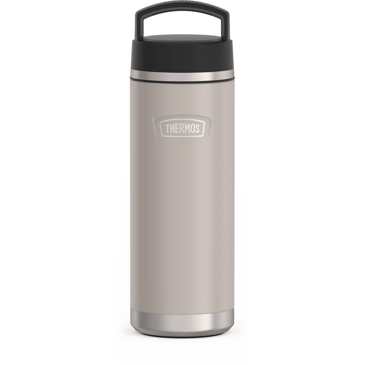 Auf dem Bild ist eine zylindrische, graue Thermosflasche mit einem schwarzen Deckel und einem Tragegriff zu sehen. Sie hat ein schlichtes Design mit dem Wort "THERMOS" in Weiß auf der Vorderseite. Die Flasche steht aufrecht auf einer weißen Fläche.